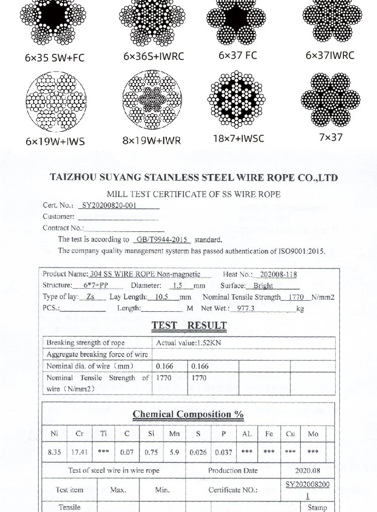 7X19 AISI304 Stainless Steel Wire Rope Size: 1-26mm